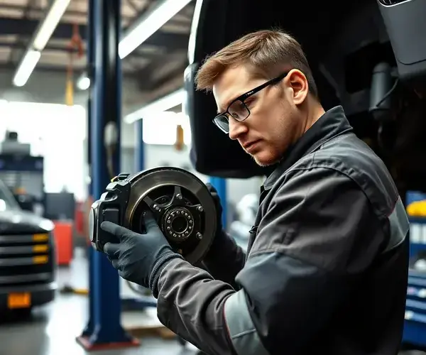 Professional auto mechanic working on brake system